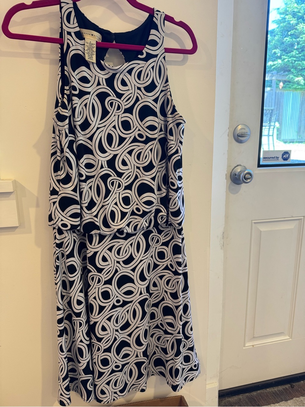 London Style Black & White Abstract Loop Print Dress with Pink Trim